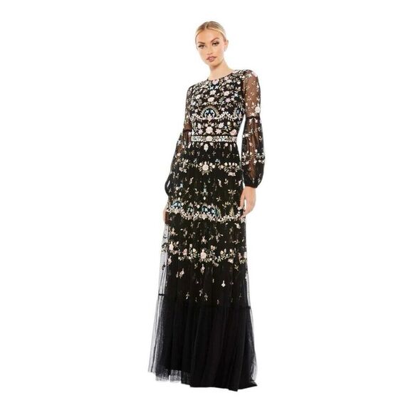 Mac Duggal Size 2 Sequin Embroidered Gown Blouson Sleeves Dress Style 35111 New - Picture 2 of 9